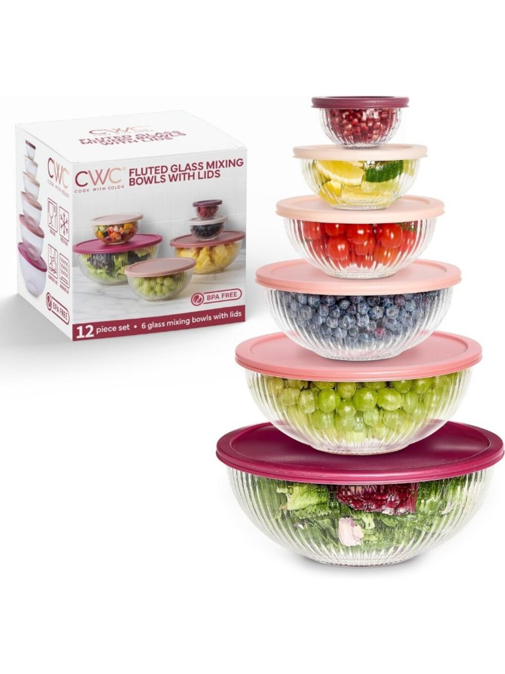 12 Pc Glass Mixing Bowl Set with Lids - Borosilicate Nesting Bowls for Cooking